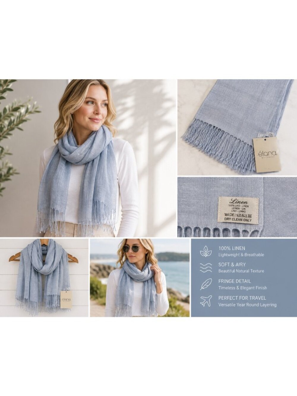 Élana by Tanner Italy 100% Linen Fringe Scarf Wrap Shawl Light Blue